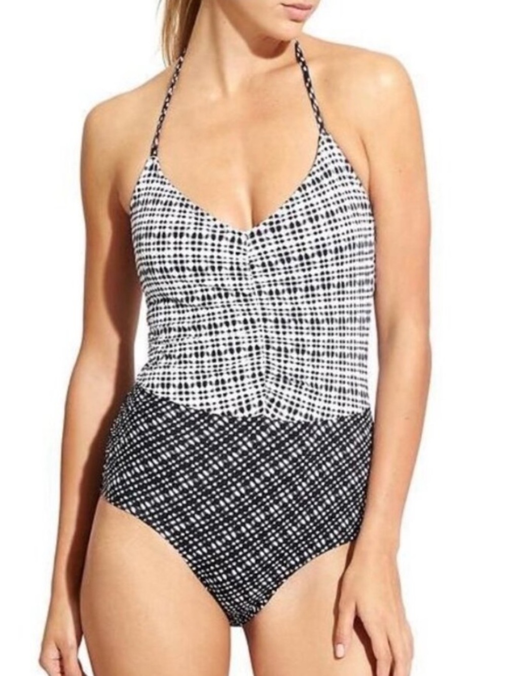 Athleta Vichy Swimsuit Size S Black One Piece Halter Neck Ruched Bathing Coastal